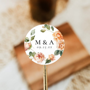 Adesivo Elegante Monograma de Rosa Pêssego para Casamento