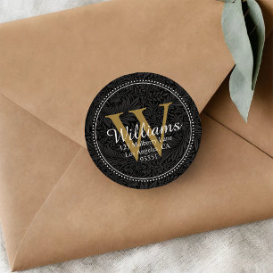 Adesivo Elegante Monograma Dourado Floral Endereço Preto