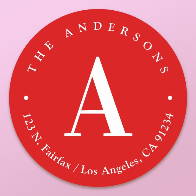 Adesivo Elegante Monograma Vermelho e Branco com Endereço  (Criador carregado)