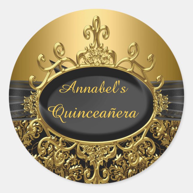 Adesivo Elegante negro e Dourado Damasco Quinceanera (Frente)