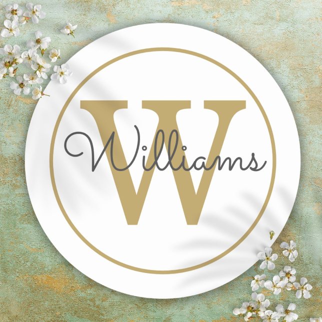 Adesivo Elegante Nome em Script com Monograma Dourado (Elegant Gold Monogram Script Name Classic Round Sticker)