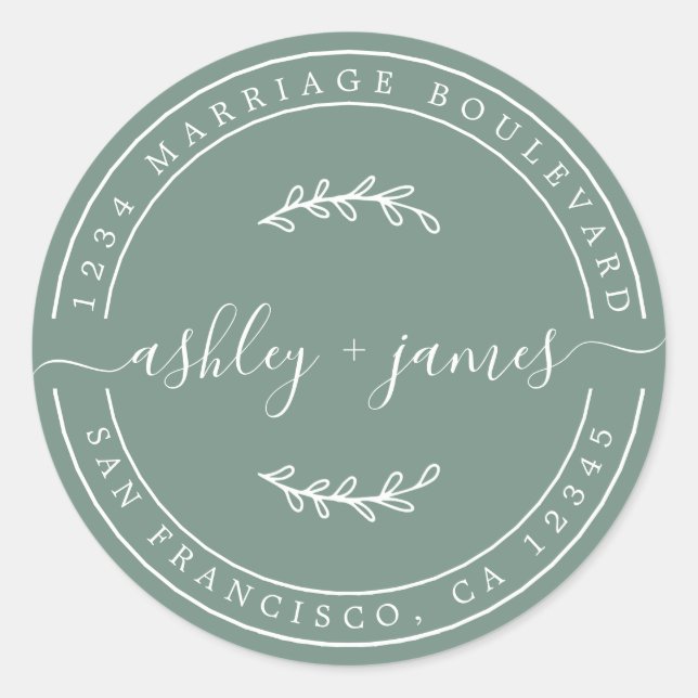 Adesivo Elegante Nomes Dusty Green Wedding Endereço de Dev (Frente)