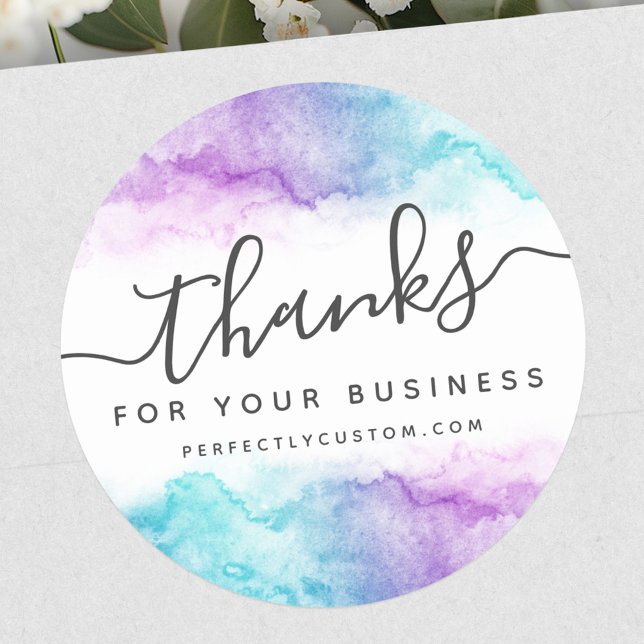 Adesivo Elegante obrigado de negócios de aqua watercolor (Elegant purple aqua watercolor business thank you classic round sticker)