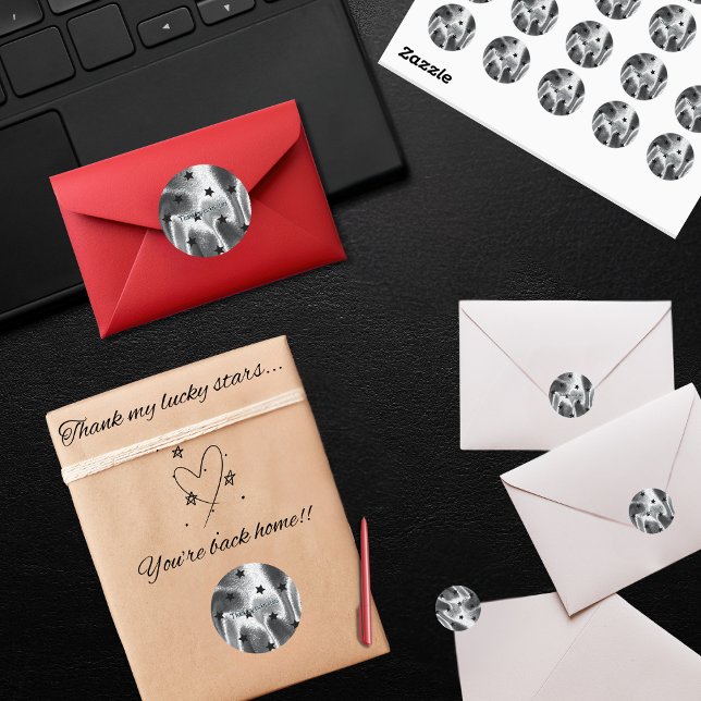 Adesivo Elegante "Obrigado minhas estrelas da sorte" Estre (Elegant "Thank my lucky stars" black star pattern on silver luxurious fabric-looking stickers)