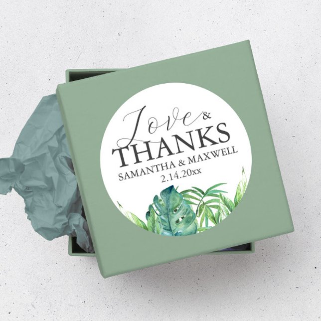 Adesivo Elegante Obrigado Vinhetas Tropicais De Casamento (Wedding stickers thank you tropical palm leave art by Victoria Grigaliunas of Do Tell A Belle)