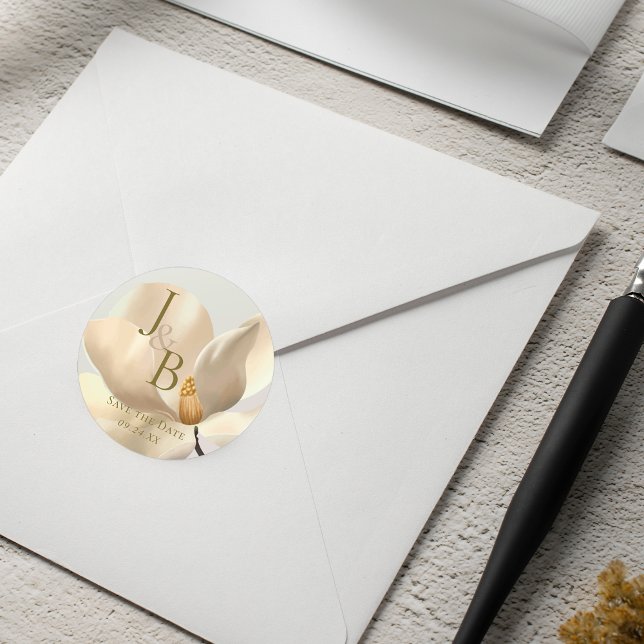 Adesivo Elegante Oriental Magnolia Branca Salve a Data (Elegant Oriental White Magnolia Save the Date Classic Round Sticker)