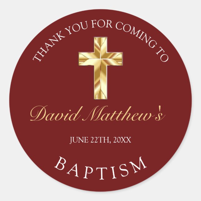 Adesivo Elegante Ouro Borgonha Agradecimento de Batismo de (Frente)