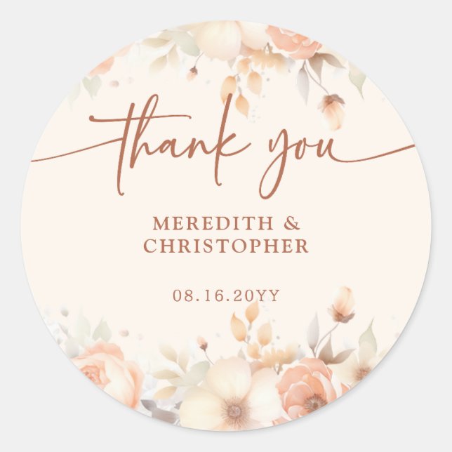 Adesivo Elegante Peach Floral Obrigado A Favor Do Casament (Frente)