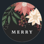 Adesivo Elegante Poinsettia Merry Christmas Watercolor<br><div class="desc">__________________________ ***este design faz parte de uma coleção de feriados de natal*** Entra num mundo de charme de férias de eterno com a minha coleção "Flora Festiva: Esplendor de Natal Poinsettia Delight". 🌸 Embarque a magia da estação com uma mistura cativante de flores, folhas verdes de pínus, amoras vermelhas, e...</div>