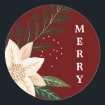 Adesivo Elegante Poinsettia Merry Christmas Watercolor<br><div class="desc">__________________________ ***este design faz parte de uma coleção de feriados de natal*** Entra num mundo de charme de férias de eterno com a minha coleção "Flora Festiva: Esplendor de Natal Poinsettia Delight". 🌸 Embarque a magia da estação com uma mistura cativante de flores, folhas verdes de pínus, amoras vermelhas, e...</div>