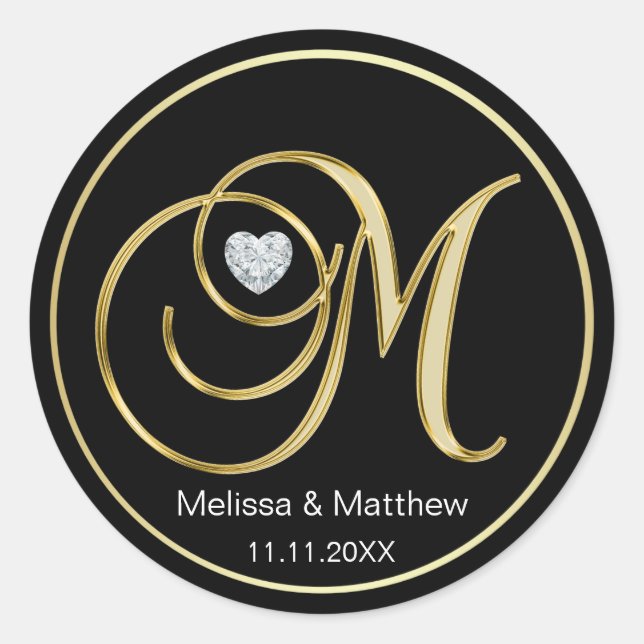 Adesivo Elegante preto Monograma Dourado Letra M Diamante  (Frente)