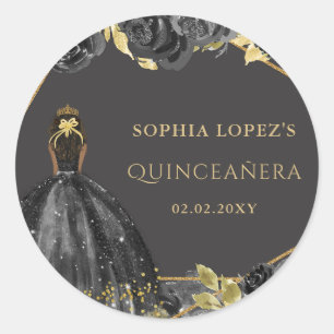 Adesivo Elegante Princesa Quinceanera Floral Preta Dourada