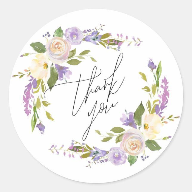 Adesivo Elegante Purple Watercolor Floral Obrigado Script (Frente)