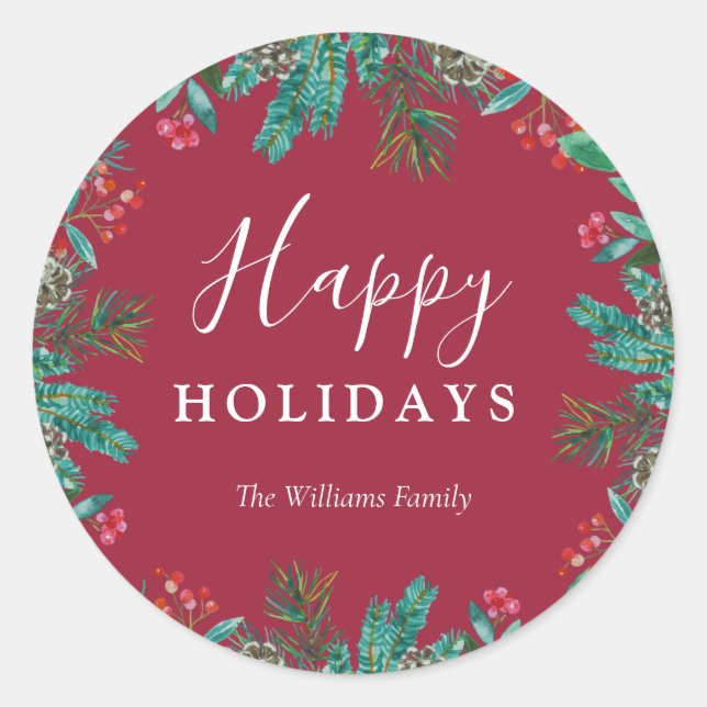 Adesivo Elegante Red Happy Holidays Nome da Família Wreath (Frente)