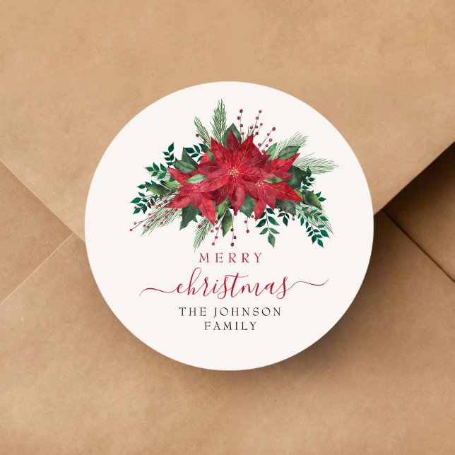 Adesivo Elegante Red Poinsettia Natal (Elegant Red Poinsettia Floral Script Christmas Classic Round Sticker)
