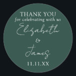 Adesivo Elegante Rótulo de Agradecimento de Casamento em V<br><div class="desc">Este rótulo de agradecimento de casamento em verde esmeralda minimalista e elegante pode ser personalizado com suas informações em tipografia chic. Criado por Thisisnotme©</div>