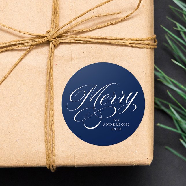 Adesivo Elegante Rótulo de Calligraphy Alegre Natal Azul-M (Criador carregado)