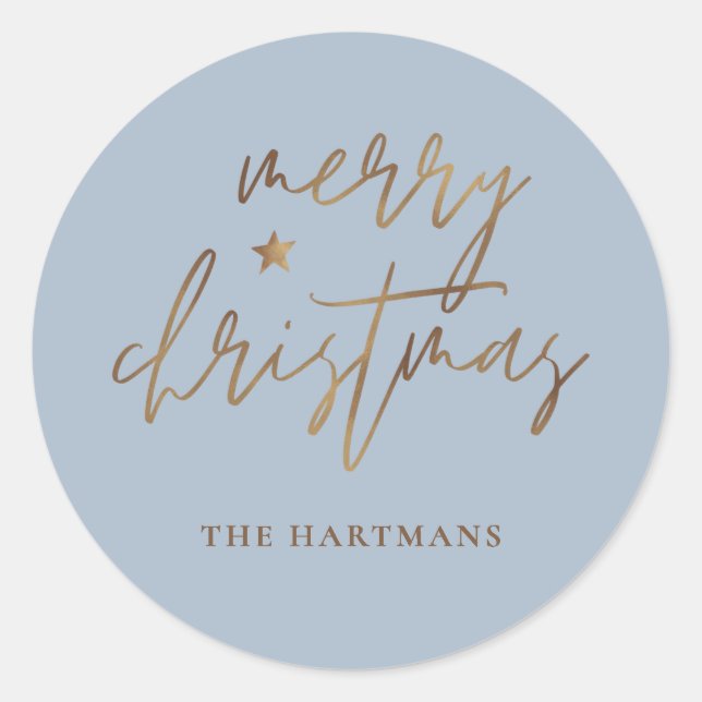 Adesivo Elegante Rótulo Feliz Natal Estrela Dourada Azul (Frente)