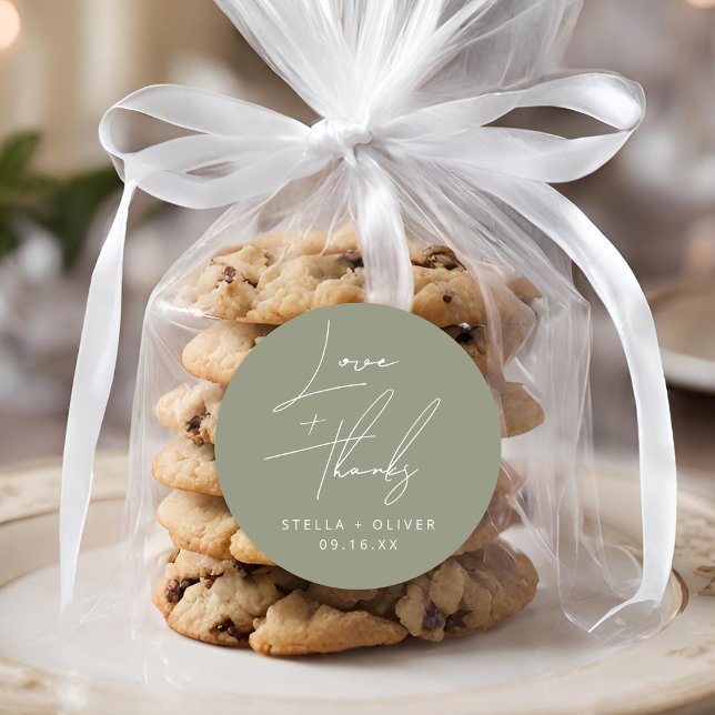 Adesivo Elegante Sage Green Script Love + Obrigados Weding (Elegant Sage Green Script Love + Thanks Wedding Classic Round Sticker)