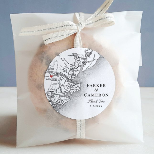Adesivo Elegante Savannah Georgia Mapa Casado Favor (Elegant Savannah Georgia Map Thank You Wedding Favor Sticker in black and white)