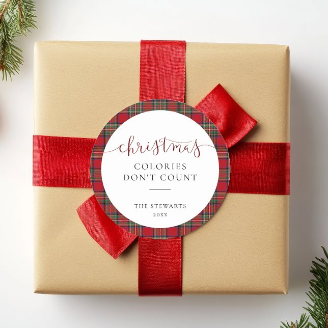 Adesivo Elegante Script Colories Xadrez Tartan (Christmas Colories Don't Count Stewart Tartan Round Sticker)
