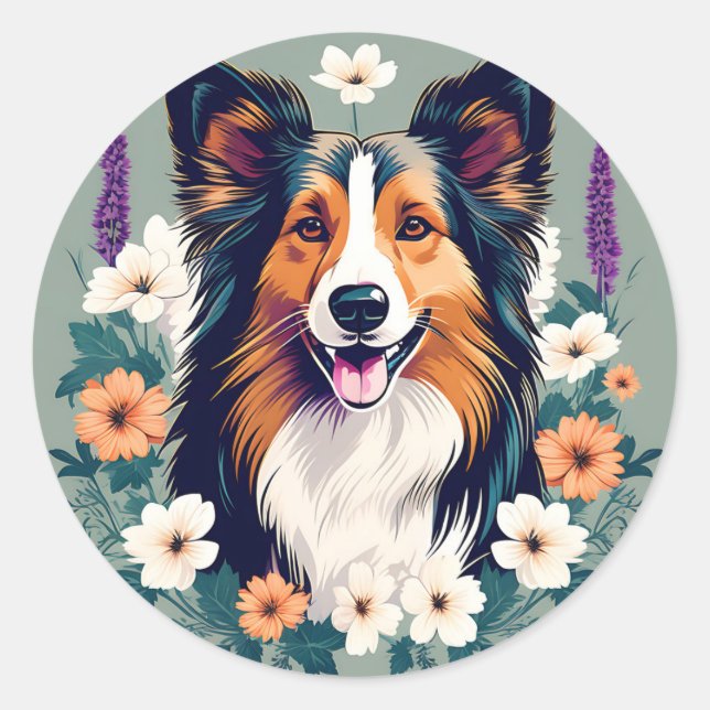 Adesivo Elegante Shetland Sheepdog com Floral (Frente)