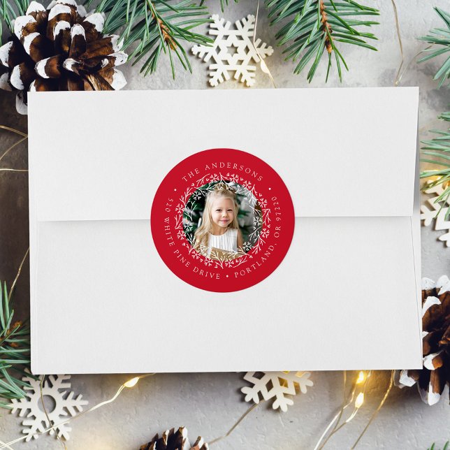 Adesivo Elegante Snowflake Wreath Red Photo Return Address (Criador carregado)