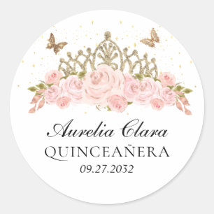 Adesivo Elegante Tiara Floral Rosa Bege Dourada Quinceaner