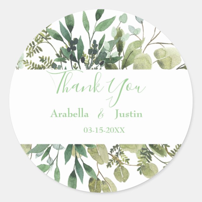 Adesivo Elegante Verde Watercolor Deixa Casamento Obrigado (Frente)