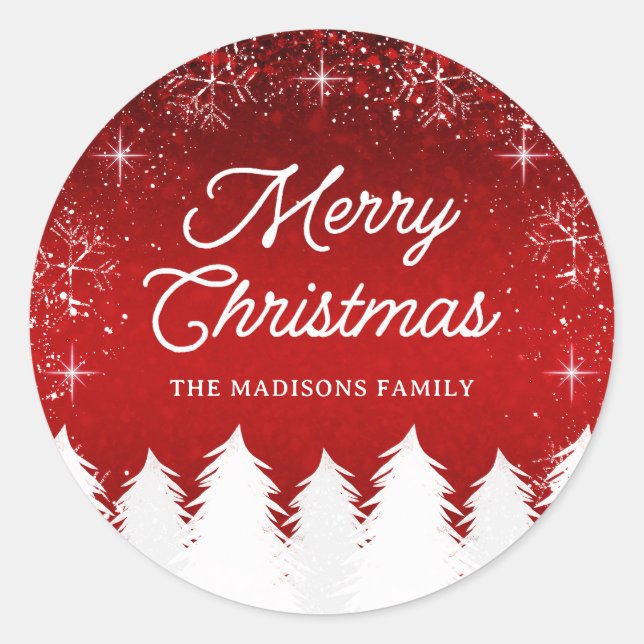 Adesivo Elegante Vermelho | Árvores e flocos de neve Festa (Frente)