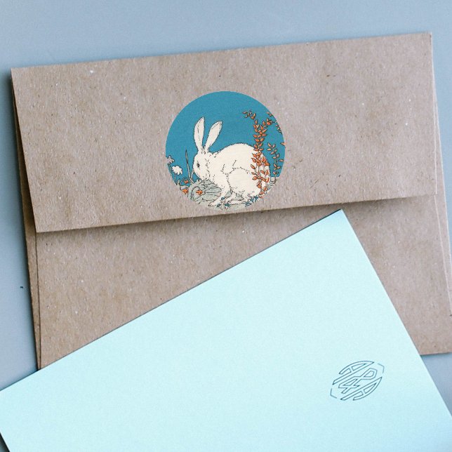 Adesivo Elegante Vintage Coelho Branco (Fluffy white bunny sitting in orange and white flowers on blue paper sticker.)