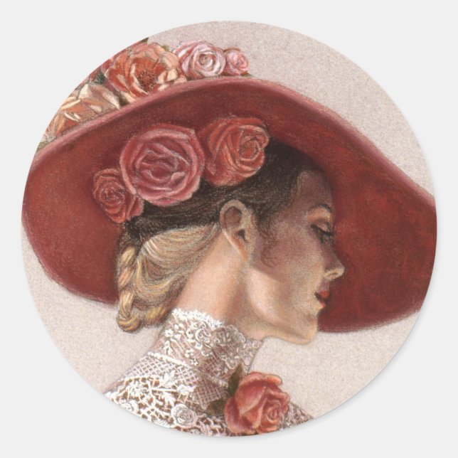 Adesivo Elegante vitoriana Lady Fine Art Vintage Rosa Hat (Frente)