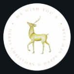 Adesivo Elegante Watercolor Merry Christmas Reindeer<br><div class="desc">Uma rena de ouro pintada à mão com uma cor d'água em um adesivo chic de férias</div>