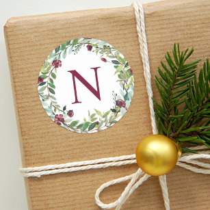 Adesivo Elegante Winter Greenery Burgundy Monograma Wreath