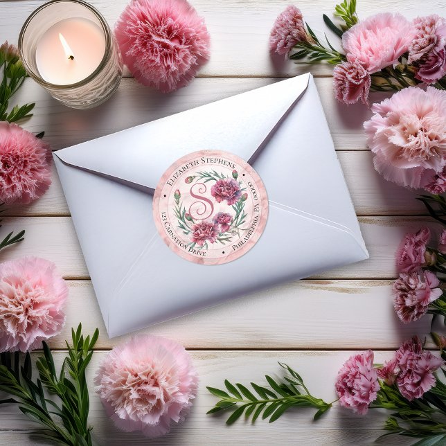 Adesivo Elegantes Cravo Rosa Boho Floral Endereço de Devol (Elegant Boho Pink Carnations Floral Return Address Classic Round Sticker)