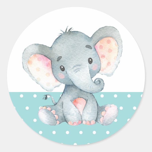Adesivo Elephant Chá de fraldas Aqua Classic Round Sticker (Frente)