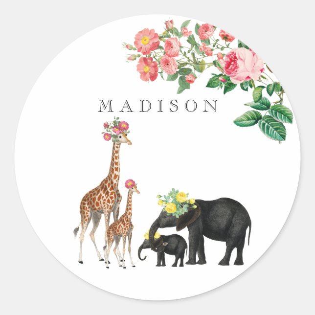 Adesivo Elephant & Giraffe Floral Nome Personalizado (Frente)