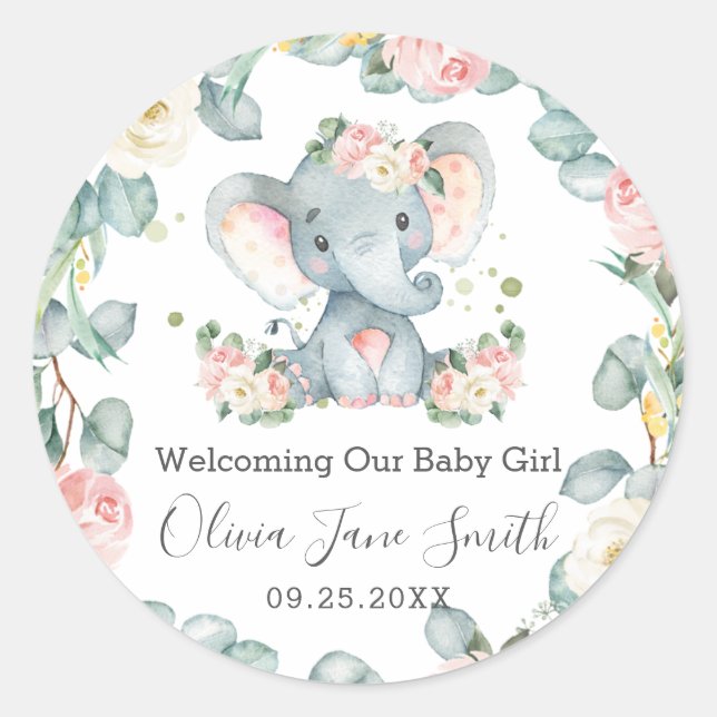 Adesivo Elephant New Baby Pink Ivory Floral Favor (Frente)