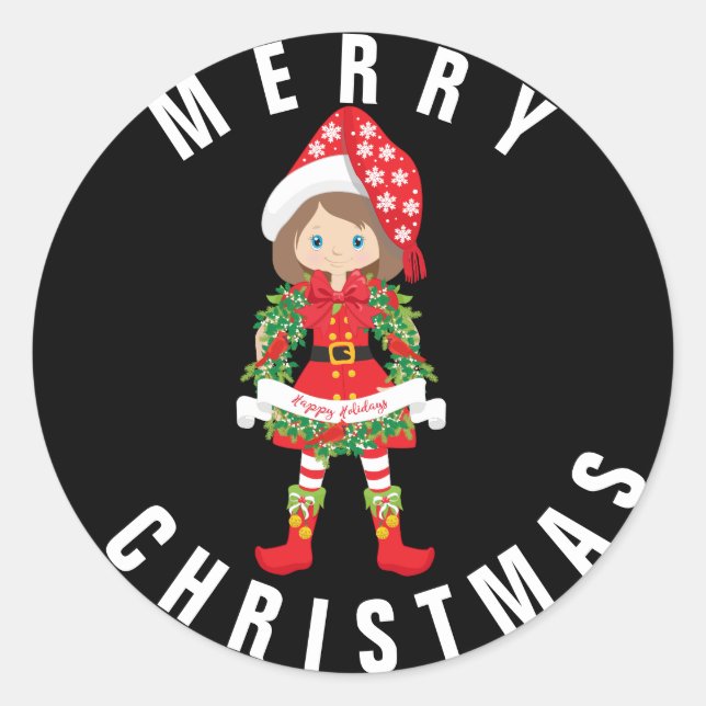Adesivo Elf/Brunette de Natal/ com Wreath/xMas Sticker (Frente)