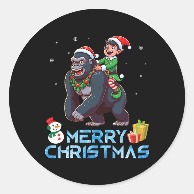 Adesivo Elf Riding Gorilla Snowman Presente Feliz Natal (Frente)