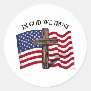 Adesivo Em Deus, confiamos com cruz e bandeira dos EUA
