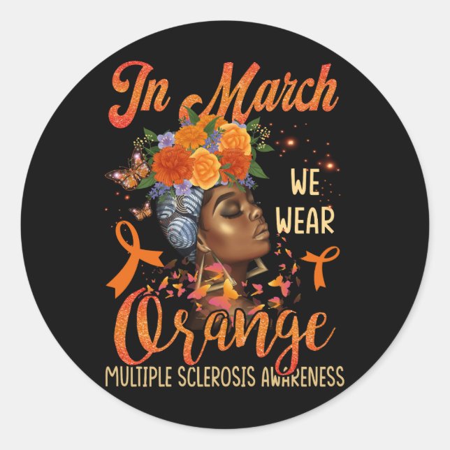 Adesivo Em Março Vestimos Esclerose Múltipla Laranja Afro (Frente)