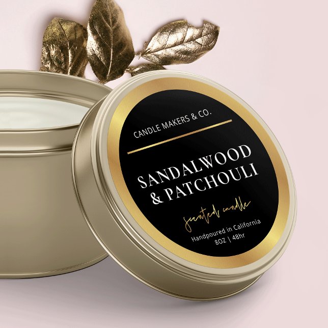 Adesivo Embalagem de Rótulo do Círculo de Vela Preto e Dou (Black & Gold round candle stickers, great to add to your candle lids or jars)