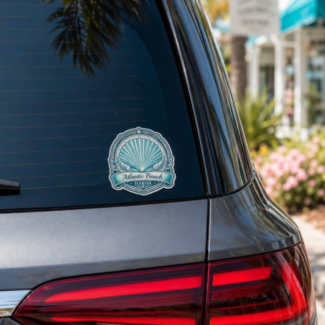 Adesivo Emblema Costeiro de Atlantic Beach FL (Atlantic Beach Florida seashell sticker displayed on the rear window of a luxury SUV.)