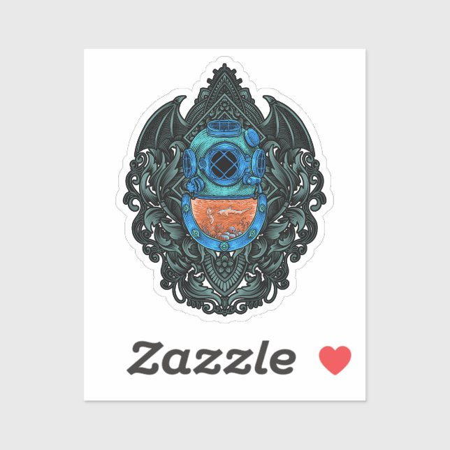 Adesivo Emblema de capacete de mergulho antigo com tubarão (Folha)