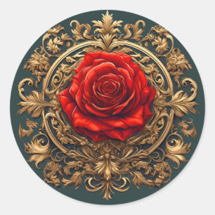Adesivo Emblema de Rosa Barroca Dourado Vermelho Ornamenta