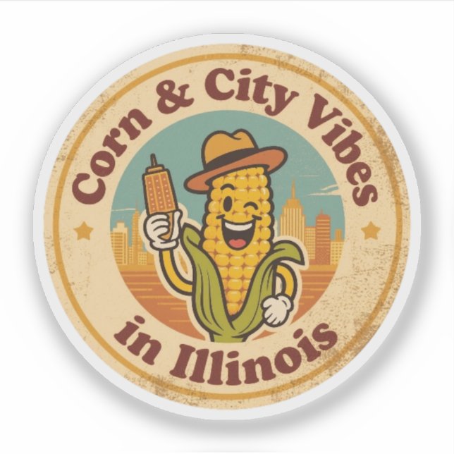 Adesivo Emblema Retro Illinois_ Milho com Horizonte de Chi (Frente)