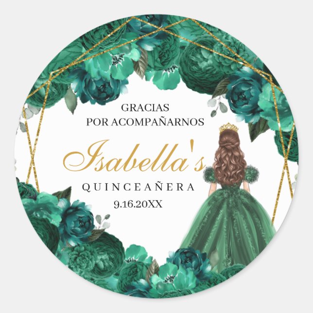 Adesivo Emerald Green Floral Quinceanera Round Stickers (Frente)