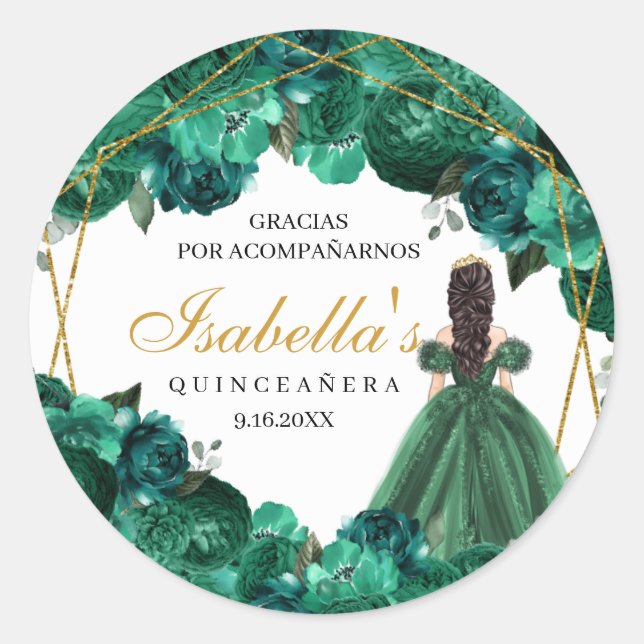 Adesivo Emerald Green Floral Quinceanera Round Stickers (Frente)