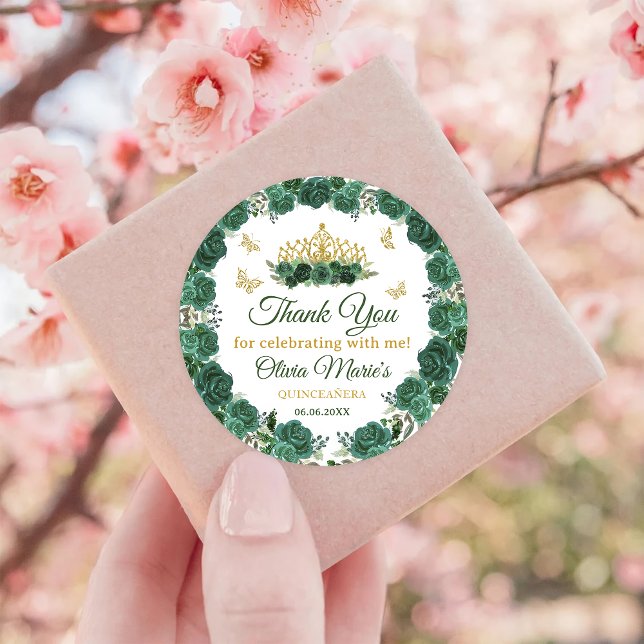 Adesivo Emerald Green Floral Tiara Butterfly Quinceanera (Criador carregado)